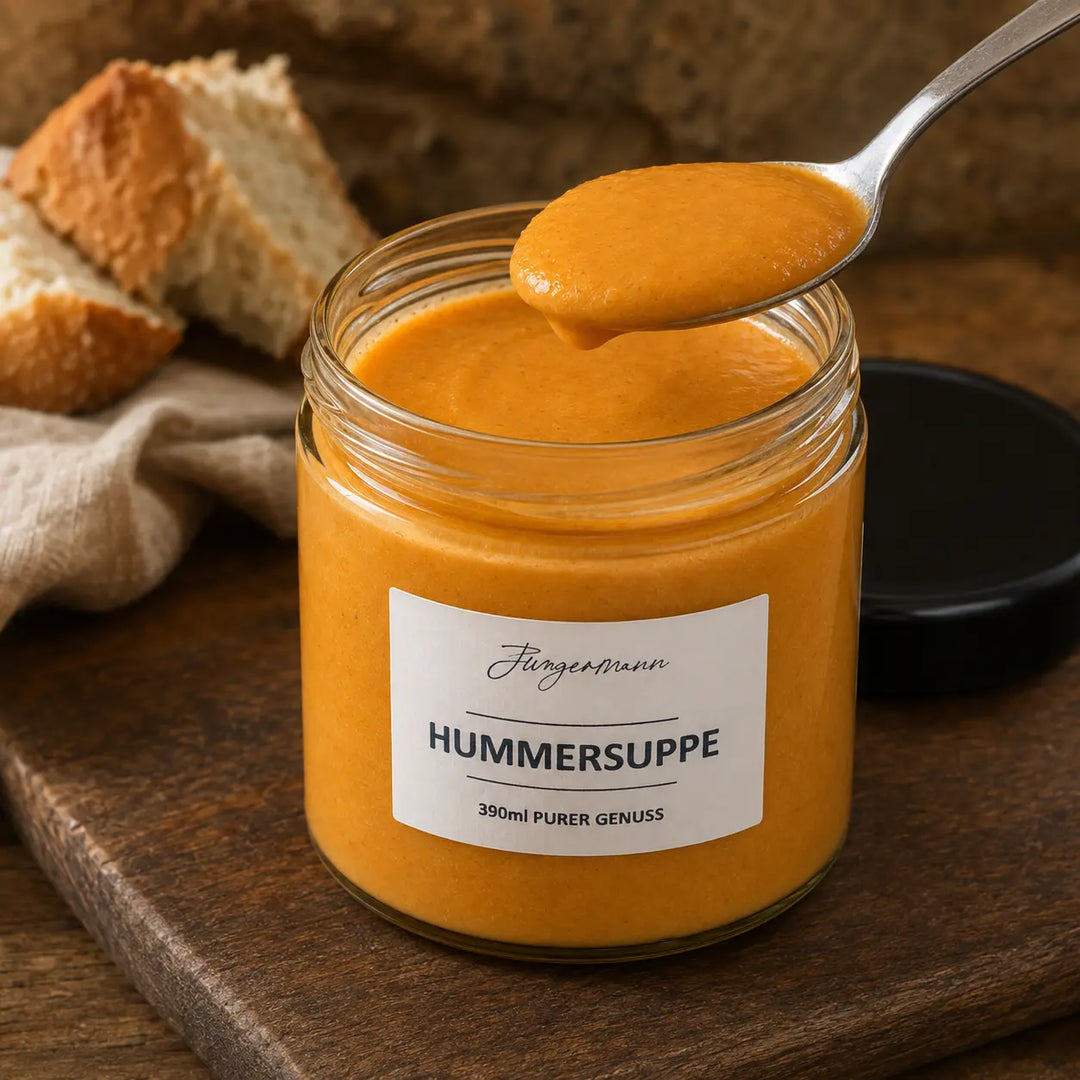 Cremige Hummersuppe von Jungermann Gourmet im geöffneten Glas mit Löffel