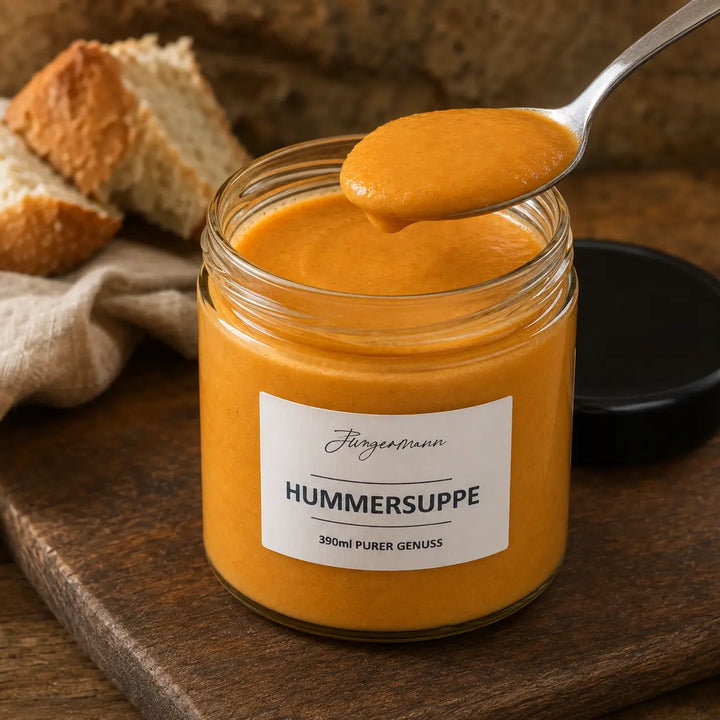 Cremige Hummersuppe von Jungermann Gourmet im geöffneten Glas mit Löffel