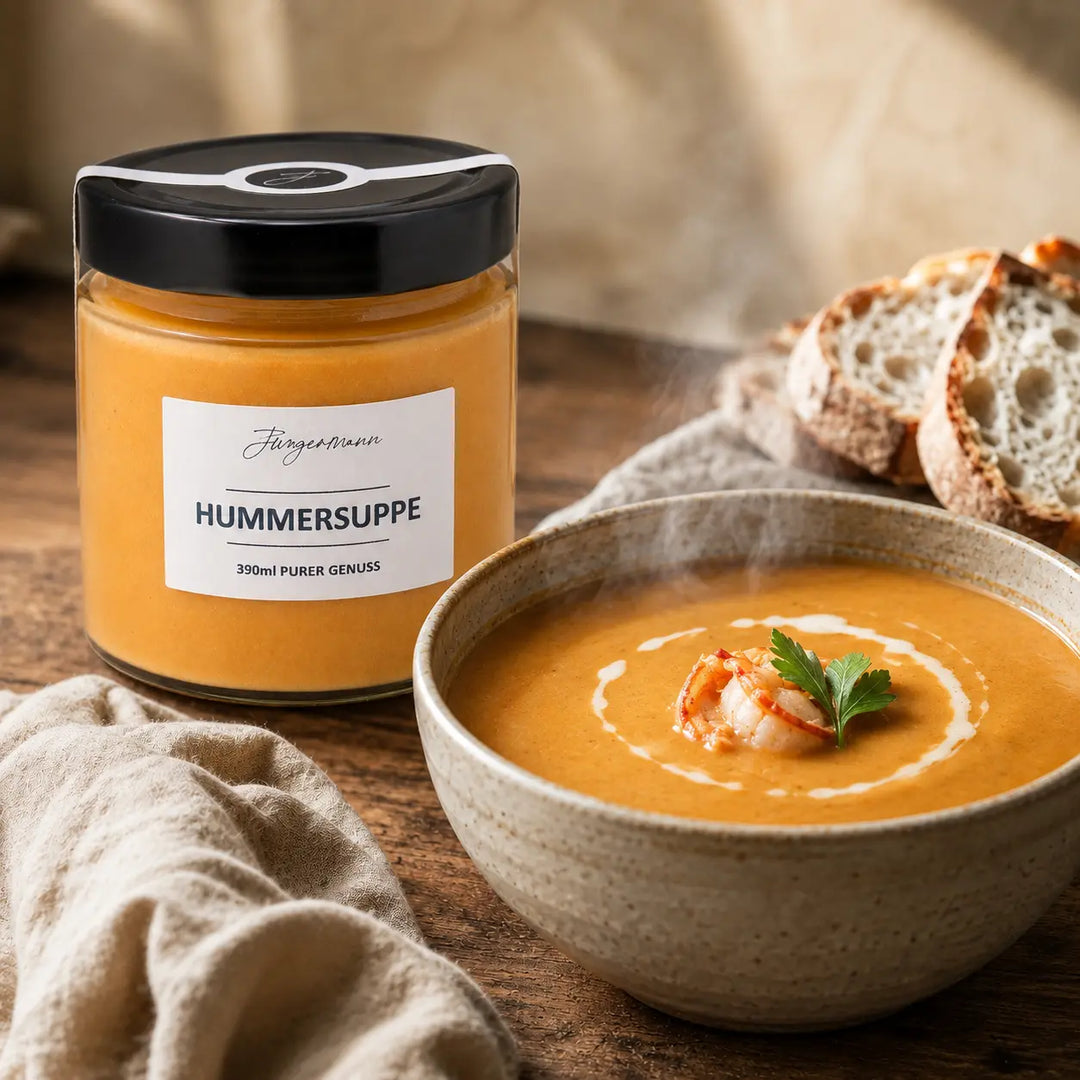 Hummersuppe von Jungermann Gourmet als feine Vorspeise mit Brot