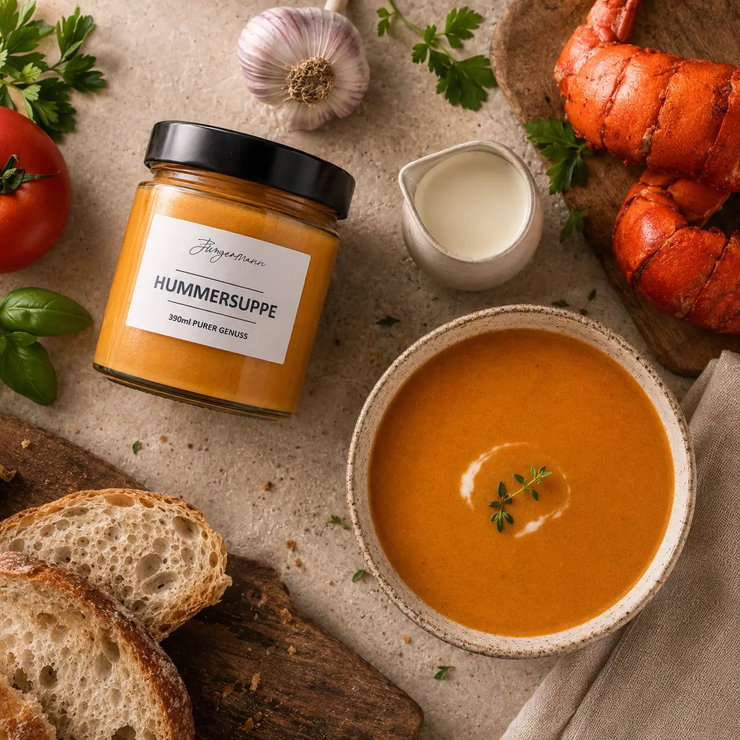 Hummersuppe von Jungermann Gourmet mit Hummer, Tomate, Kräutern und Brot