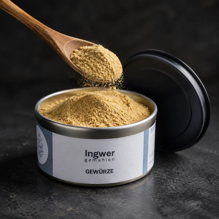 Ingwer gemahlen – feines hellockerfarbenes Pulver im Detail