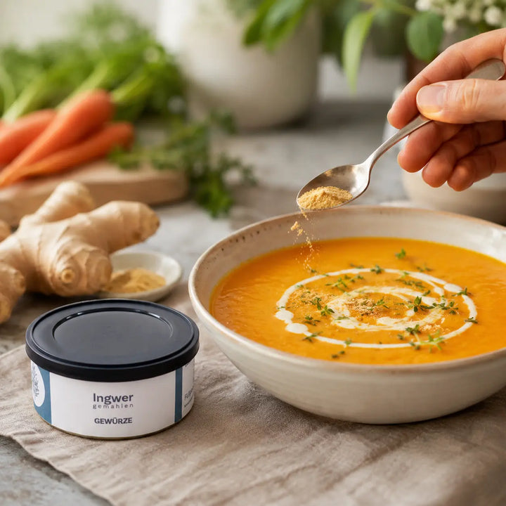 Ingwer gemahlen als Würze für cremige Möhrensuppe