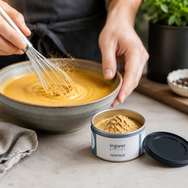 Ingwer gemahlen beim Einrühren in eine goldene Currysauce