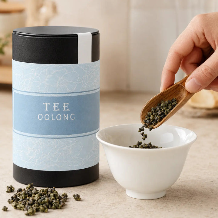 Gerollte Jade Oolong Teeblätter werden neben der Jungermann Gourmet Dose dosiert