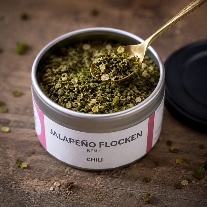 Grüne Jalapenoflocken – grobe getrocknete Chiliflocken im Detail