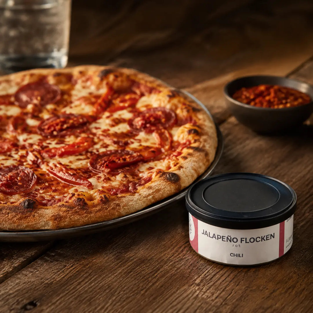 Rote Jalapenoflocken als würziges Topping auf Pizza