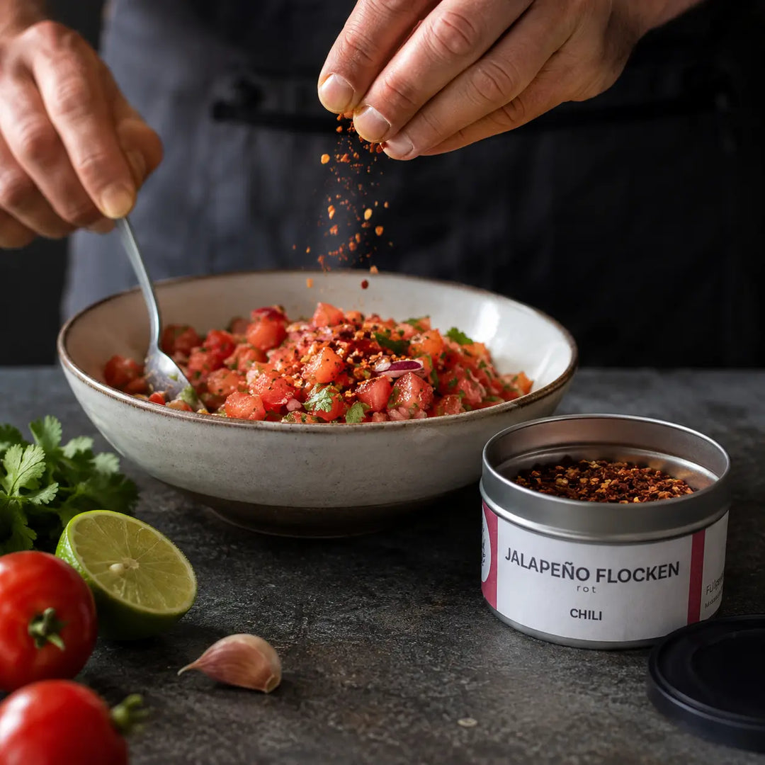 Rote Jalapenoflocken beim Würzen einer Tomatensalsa