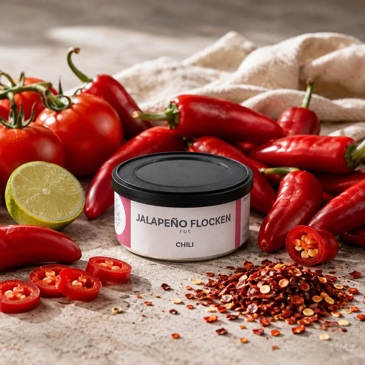 Rote Jalapenoflocken mit reifen roten Jalapeños