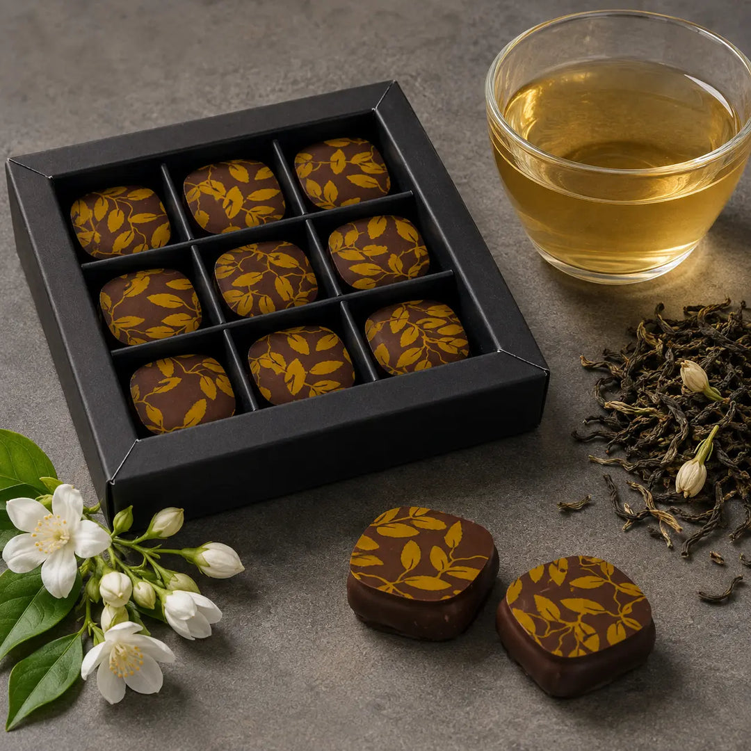 Jasmin-Tee Pralinen mit Jasminblüten, Teeblättern und Tee