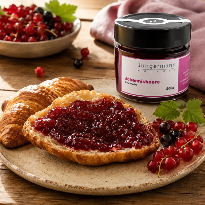 Johannisbeer Aufstrich auf einem frischen Croissant serviert