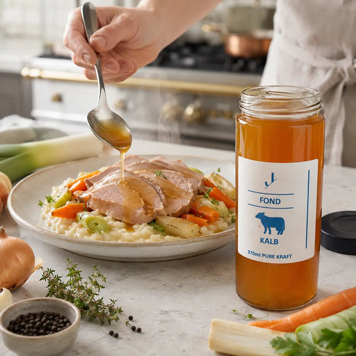 Kalb-Fond als feine Jus zu Kalbfleisch, cremigem Risotto, Karotten und Lauch