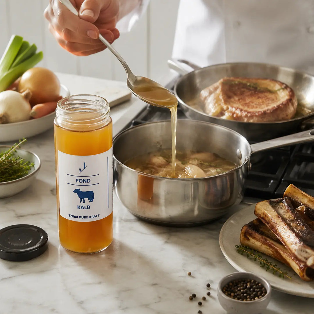 Kalb-Fond von Jungermann Gourmet für eine leichte Kalbsjus mit Zwiebeln und Kräutern