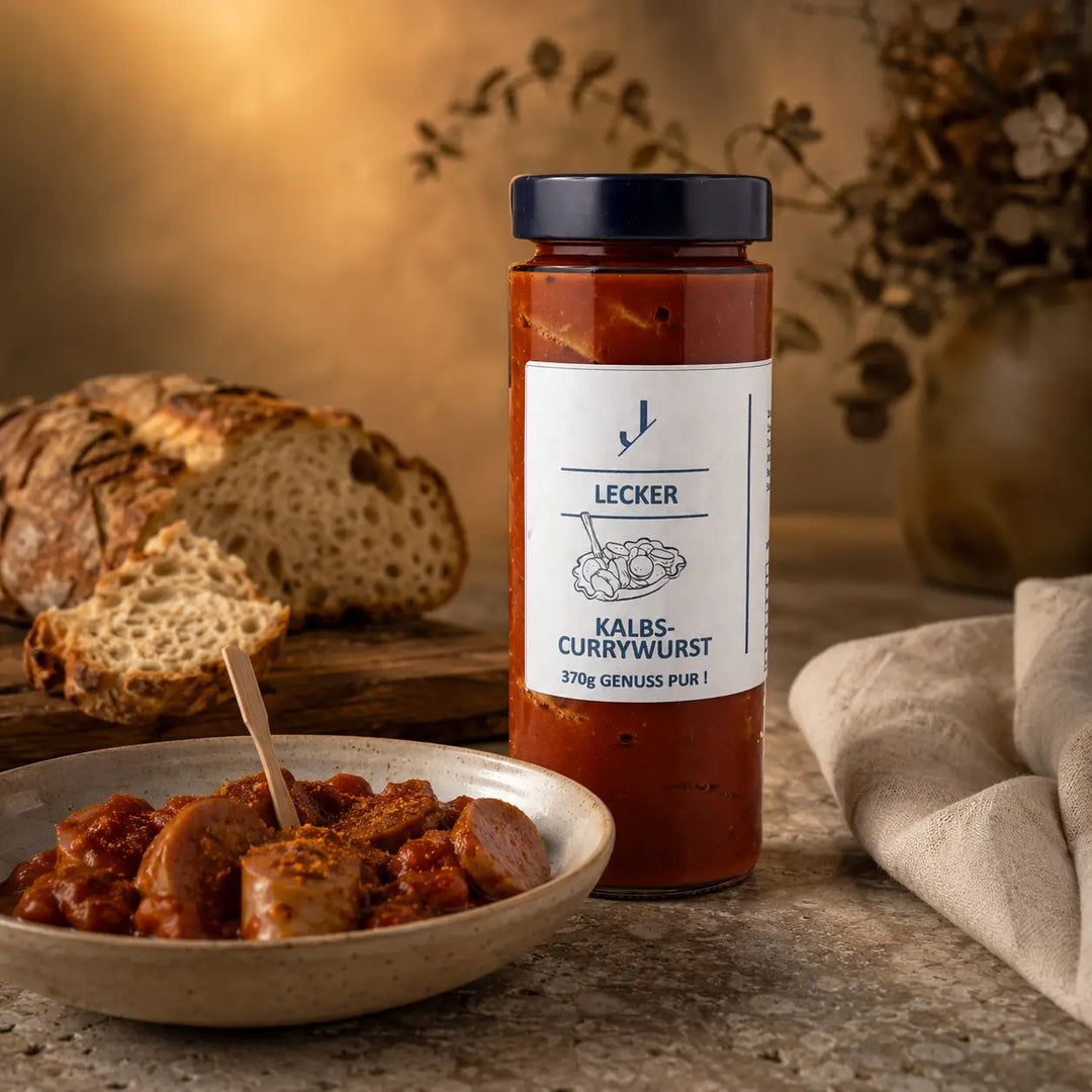 Kalbs-Currywurst von Jungermann Gourmet mit Brot als warmer Genussmoment