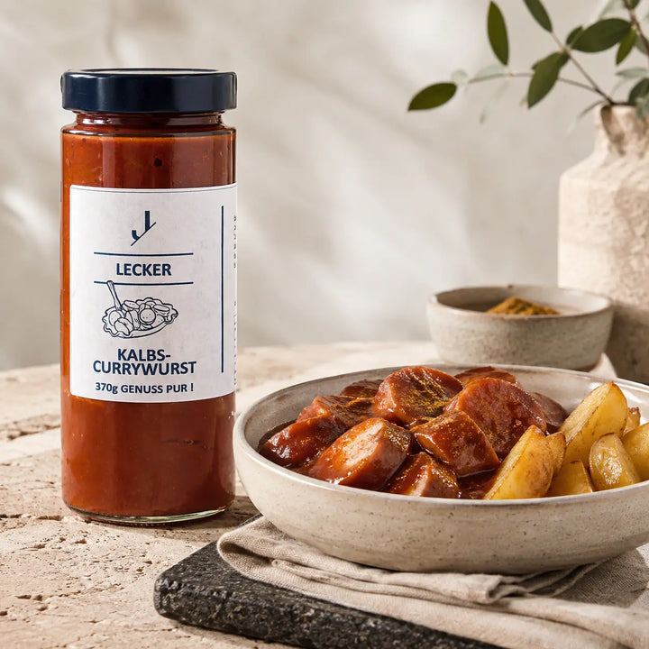 Kalbs-Currywurst von Jungermann Gourmet serviert mit Kartoffelspalten