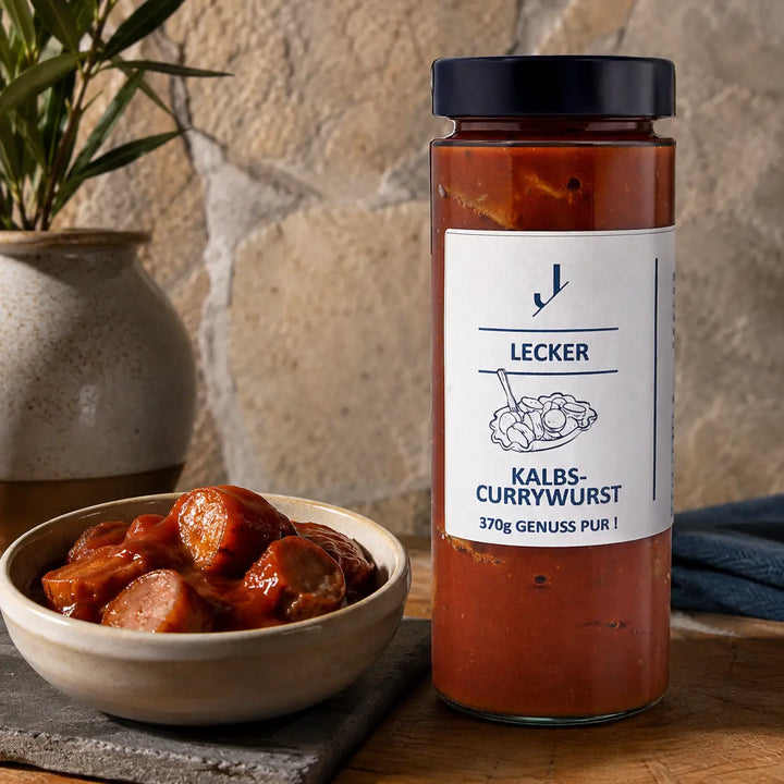 Kalbs-Currywurst im Glas neben einer Schale mit würziger Currysauce