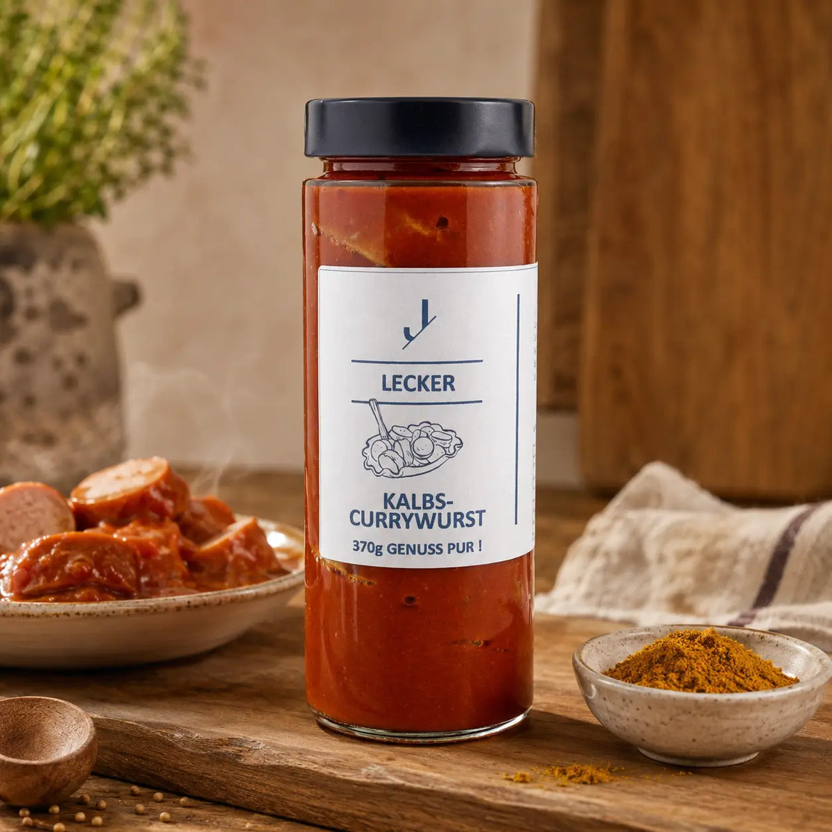 Kalbs-Currywurst von Jungermann Gourmet mit Currygewürz und servierten Wurststücken