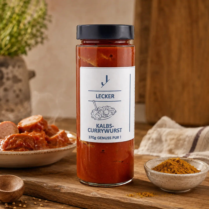 Kalbs-Currywurst von Jungermann Gourmet mit Currygewürz und servierten Wurststücken
