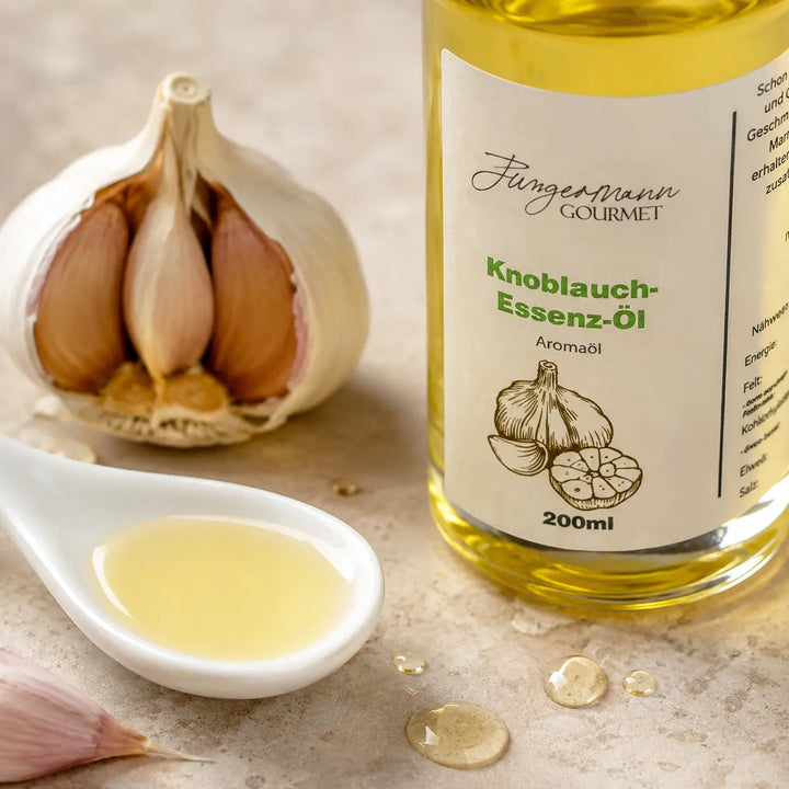 Knoblauch-Essenzöl mit goldener Öltextur und frischem Knoblauch im Detail