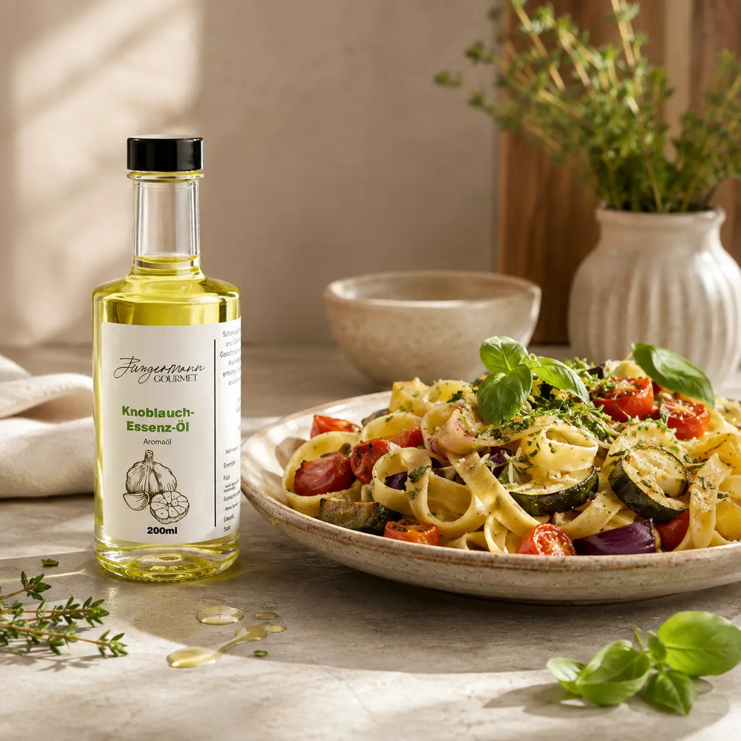 Knoblauch-Essenzöl von Jungermann Gourmet zu Tagliatelle mit geröstetem Gemüse