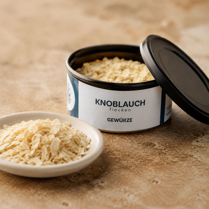 Getrocknete Knoblauchflocken aus der originalen Jungermann-Gourmet-Gewürzdose im Detail
