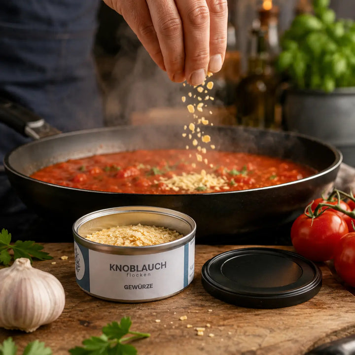 Knoblauchflocken beim Würzen einer Tomatensauce