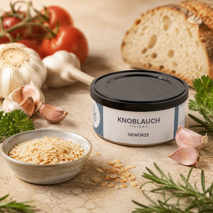 Knoblauchflocken mit frischem Knoblauch, Tomaten, Kräutern und Brot