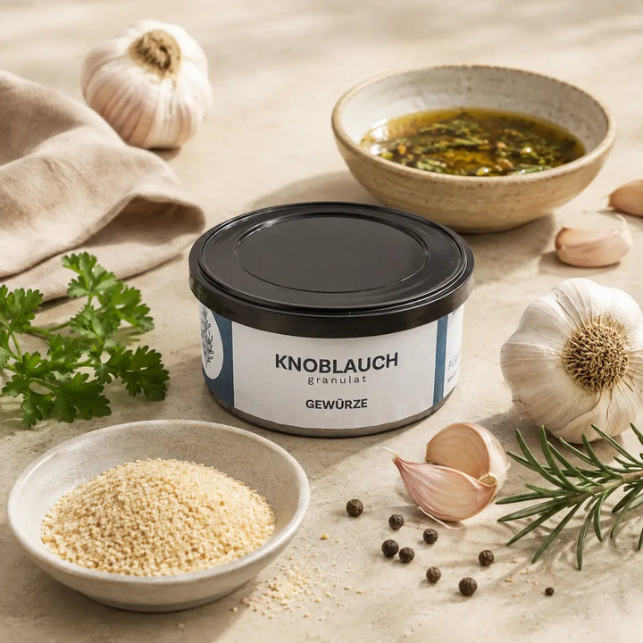 Knoblauchgranulat mit frischem Knoblauch, Petersilie, Rosmarin, Pfeffer und Marinade