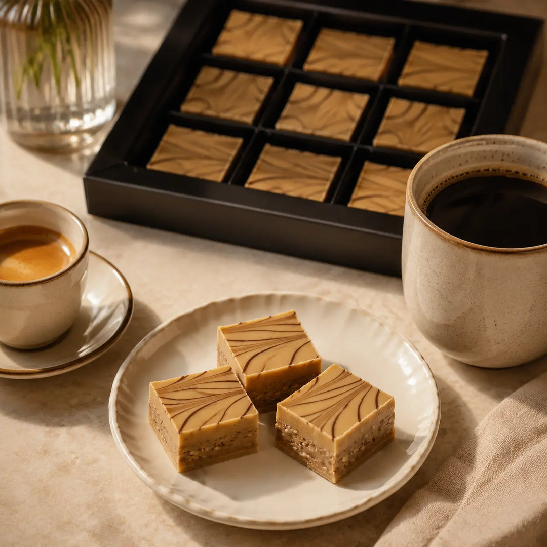 Knusper-Pralinen Karamell mit Espresso und Kaffee serviert
