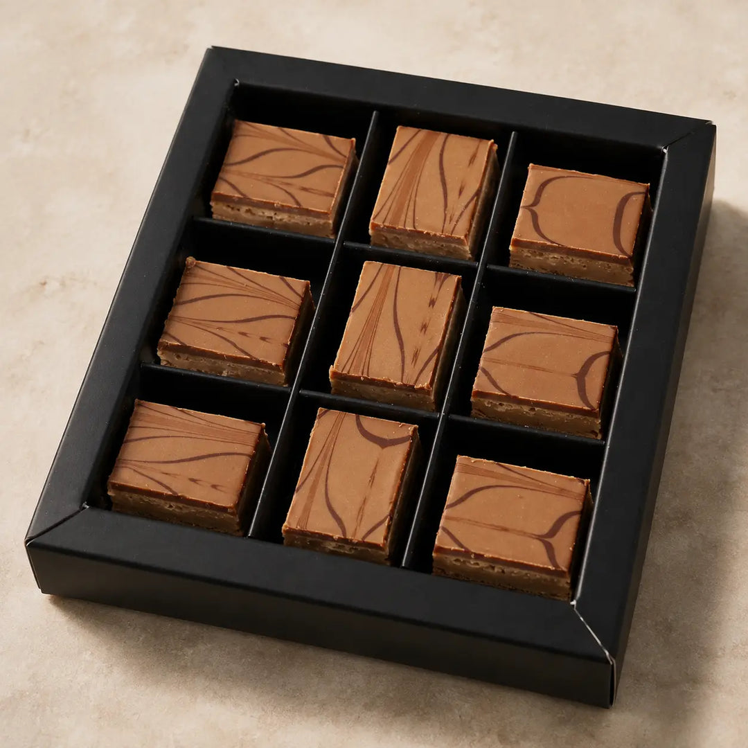 Neun Knusper-Pralinen Vollmilch in der originalen schwarzen 3-mal-3-Pralineneinlage