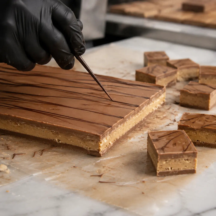 Knusper-Praline Vollmilch beim Verzieren mit dunklen Schokoladenlinien
