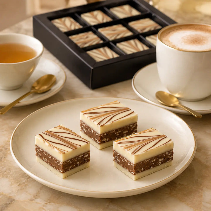 Weiße Knusper-Pralinen mit Tee und Cappuccino serviert