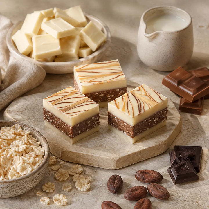 Weiße Knusper-Pralinen mit weißer, Vollmilch- und dunkler Schokolade sowie Cerealien