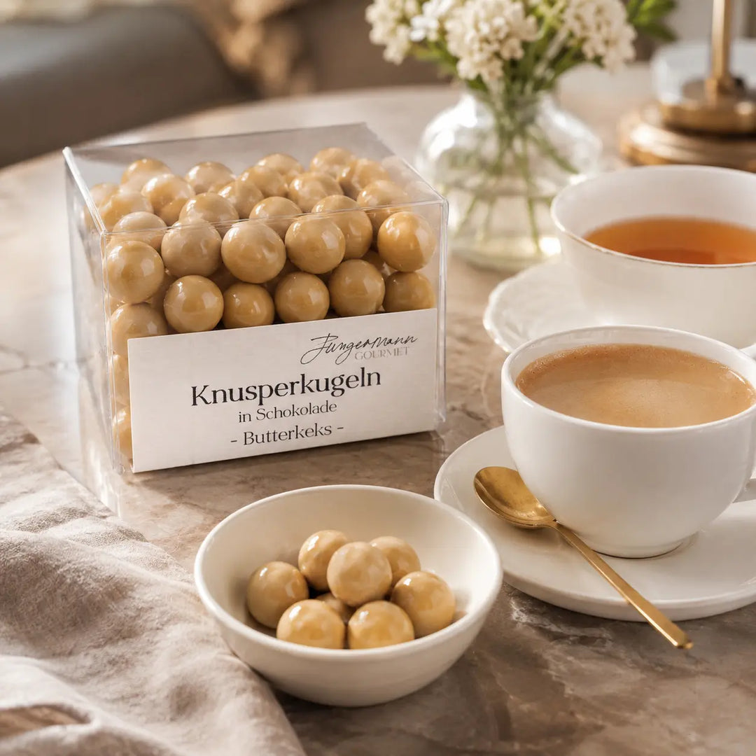 Butterkeks-Knusperkugeln mit Kaffee und Tee serviert