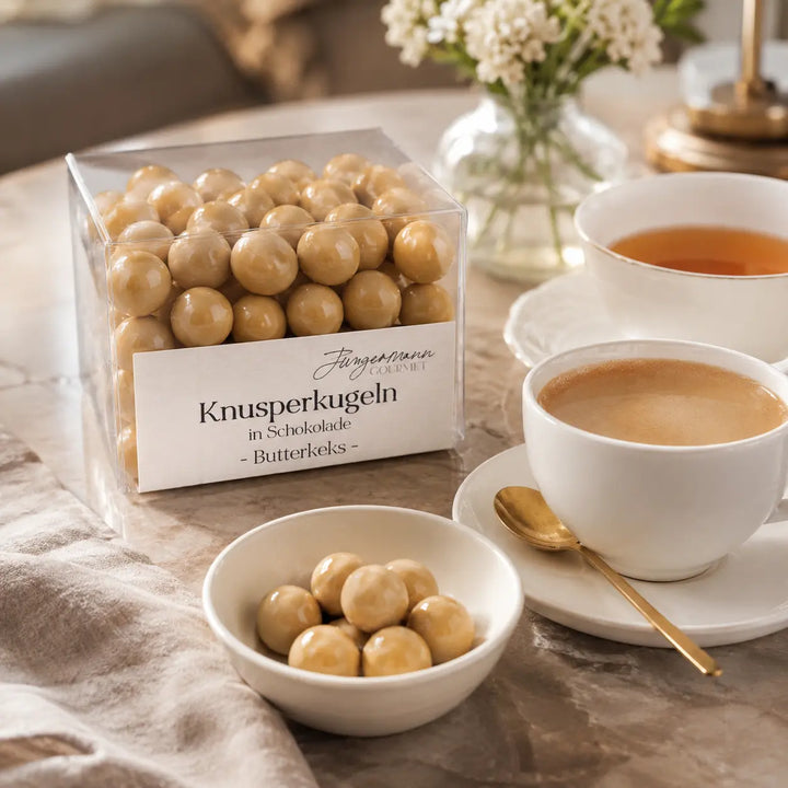 Butterkeks-Knusperkugeln mit Kaffee und Tee serviert