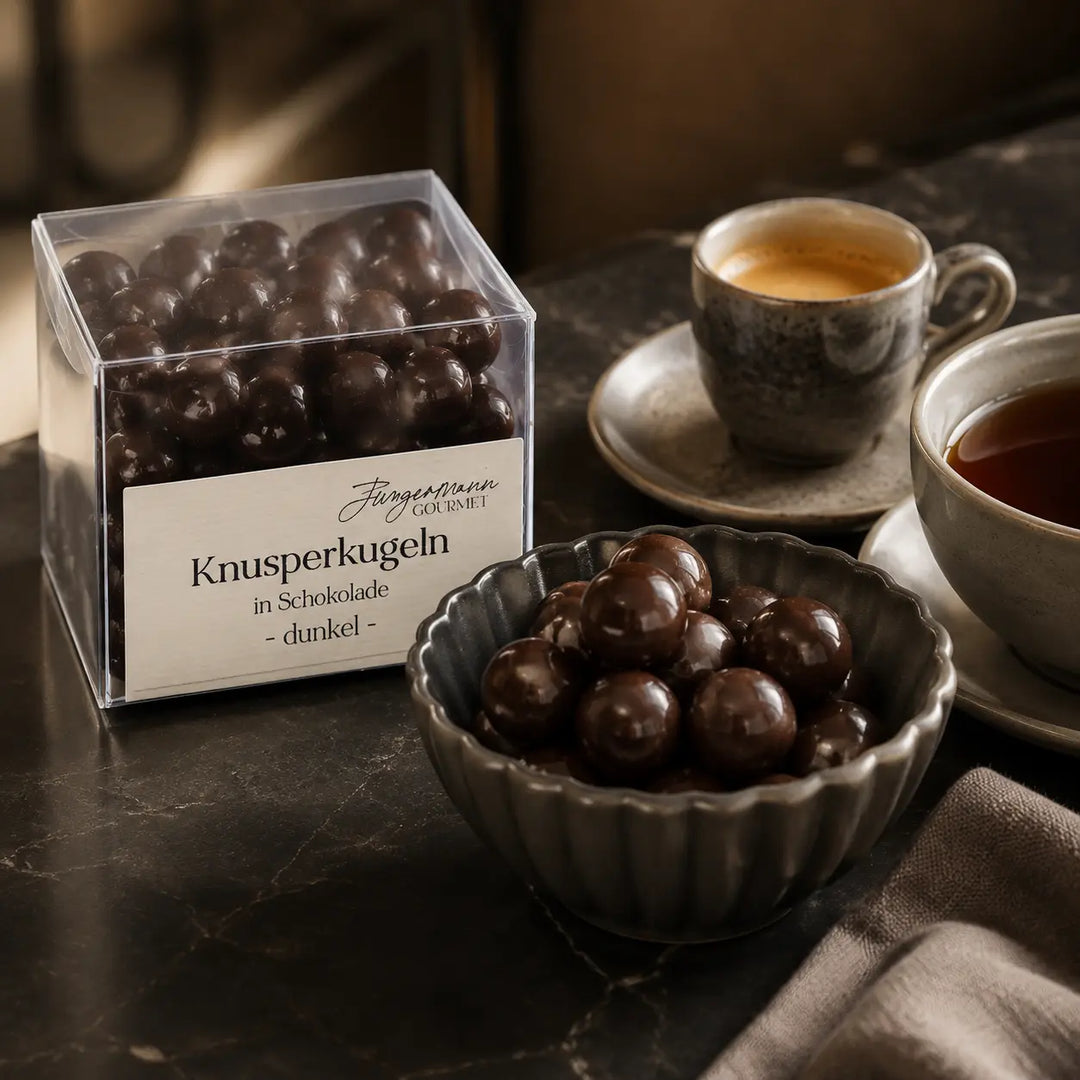 Dunkle Knusperkugeln mit Espresso und schwarzem Tee serviert