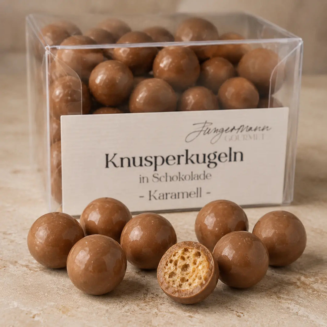 Karamell-Knusperkugeln mit luftigem knusprigem Kern im Detail