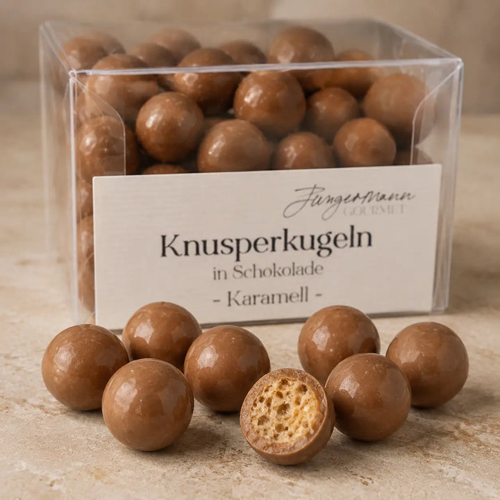 Karamell-Knusperkugeln mit luftigem knusprigem Kern im Detail