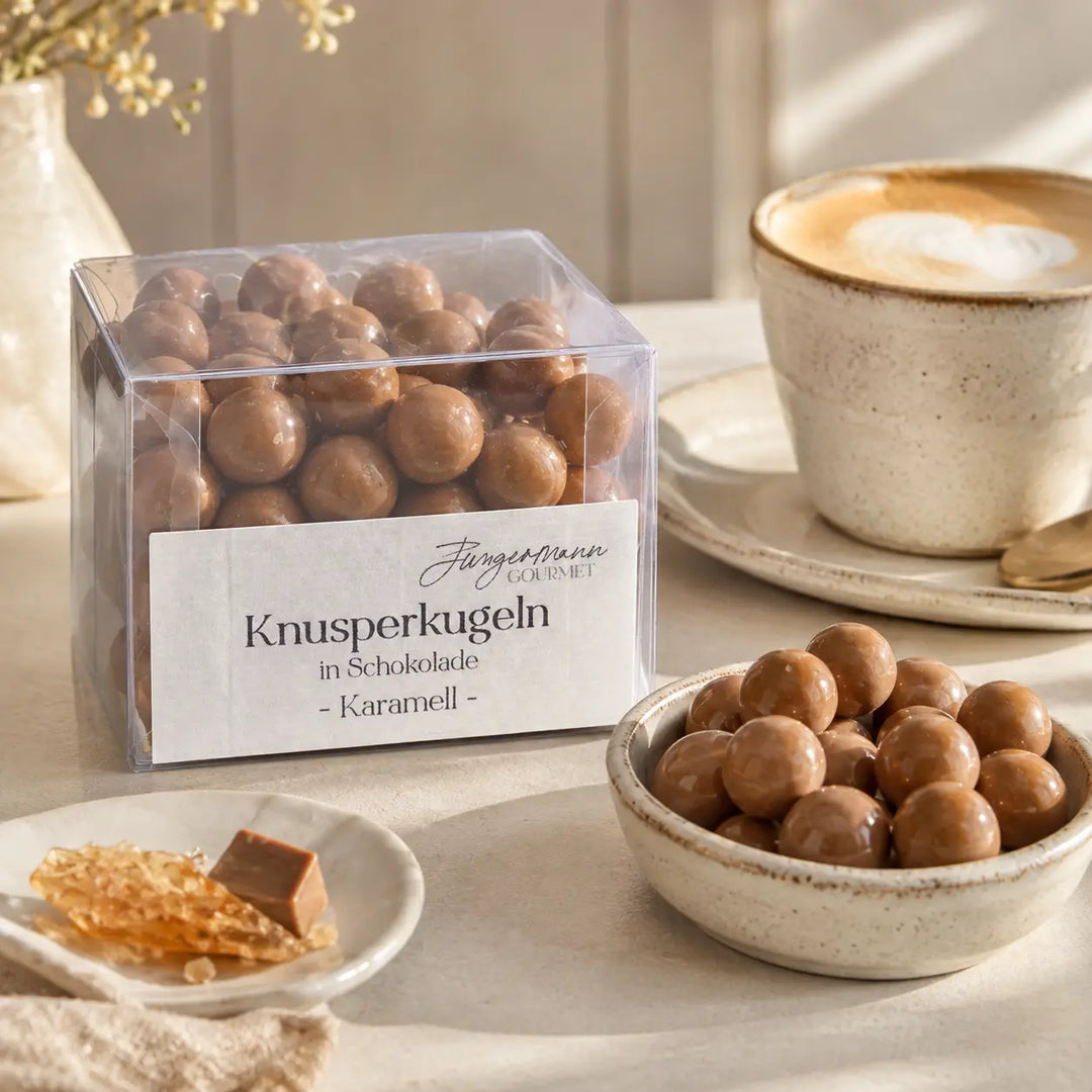 Karamell-Knusperkugeln mit Cappuccino serviert