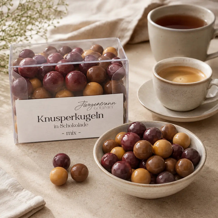Gemischte Knusperkugeln mit Espresso und Tee serviert