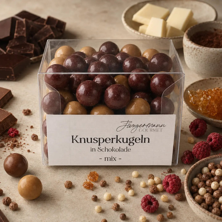 Gemischte Knusperkugeln mit Schokolade, Himbeeren, Karamell und Cerealien