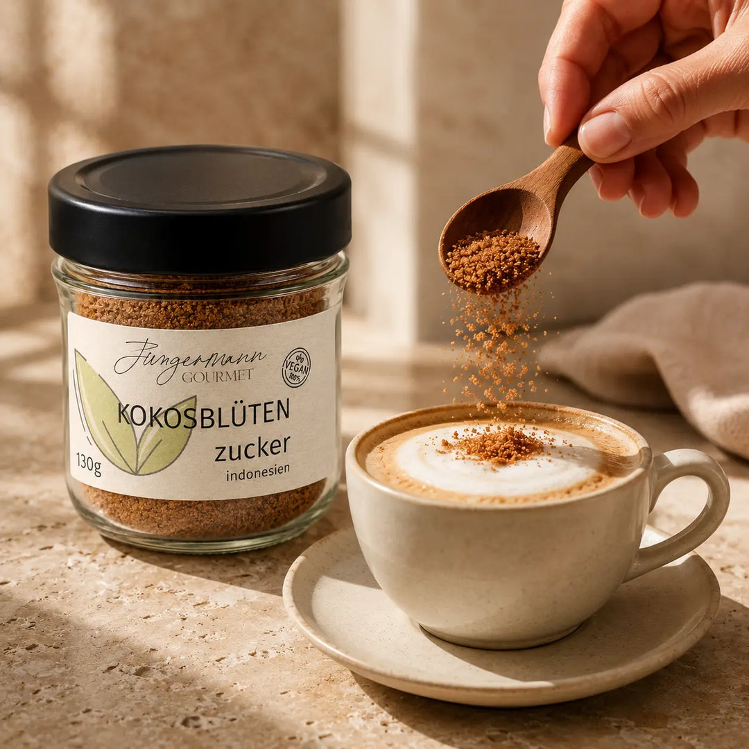 Kokosblütenzucker von Jungermann Gourmet beim Süßen eines Cappuccinos