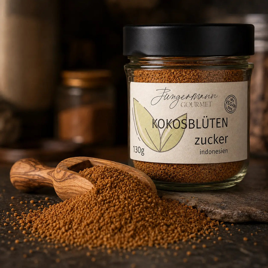 Karamellbraune Kokosblütenzucker-Körner mit Holzschaufel neben dem Produktglas