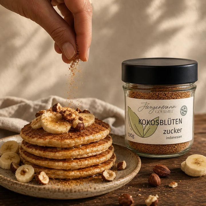 Kokosblütenzucker beim Bestreuen von Bananen-Pancakes mit Haselnüssen