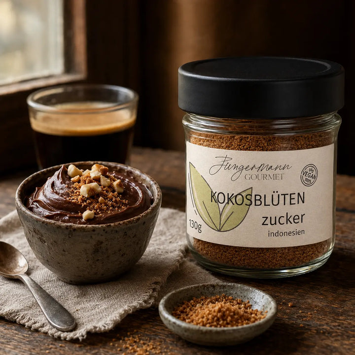 Kokosblütenzucker mit Schokoladenmousse, Haselnüssen und Espresso