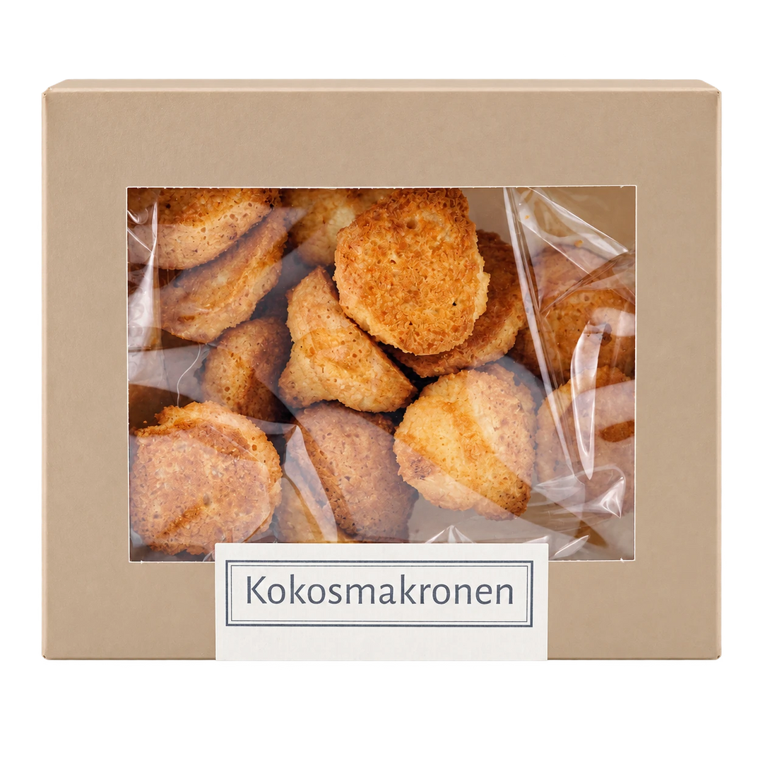 Kokosmakronen von Jungermann Gourmet in der Gebäckschachtel mit Sichtfenster – freigestellte Frontalansicht.