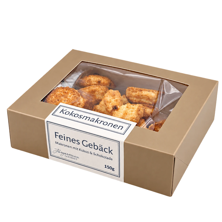 Kokosmakronen von Jungermann Gourmet in der Gebäckschachtel mit Sichtfenster – freigestellte Produktansicht.