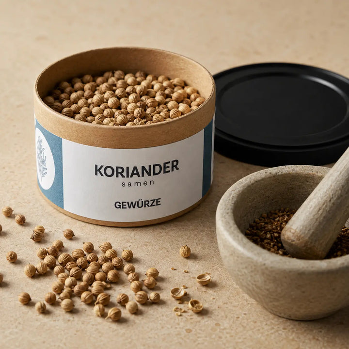 Ganze und gemörserte Koriandersaat mit geöffneter Originaldose