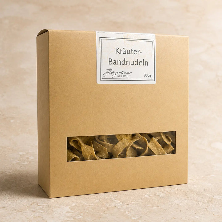 Kräuter-Bandnudeln in der originalen kraftbraunen Jungermann-Gourmet-300-g-Box