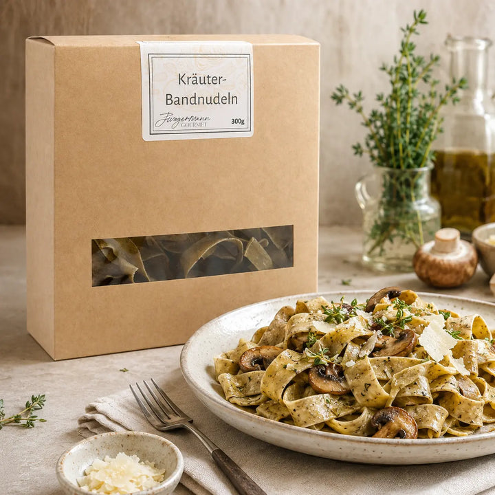 Kräuter-Bandnudeln mit Pilzen, Kräutern und Parmesan serviert
