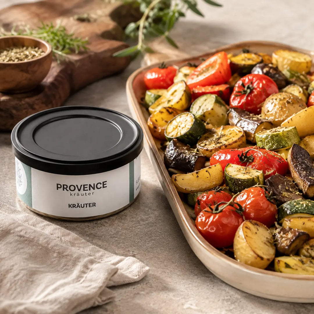Kräuter der Provence zu mediterranem Ofengemüse serviert